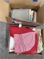 Box of Sewing Patters & Box of Linens & More