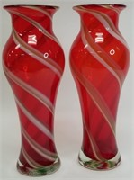 2 Red Art Glass 13" Tall Vases