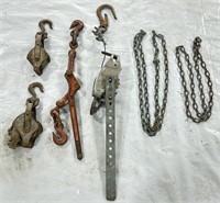 (M) Lot: Chain Binder, Metal Pulleys, Chains &
