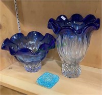 Glass lot - clear and blue glass vases, white blue