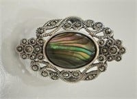 STYLISH STERLING SILVER ABALONE & MARCASITE RING
