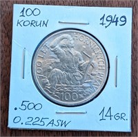 1949 Czechloslovakia Silver 100 Korun Coin (U)