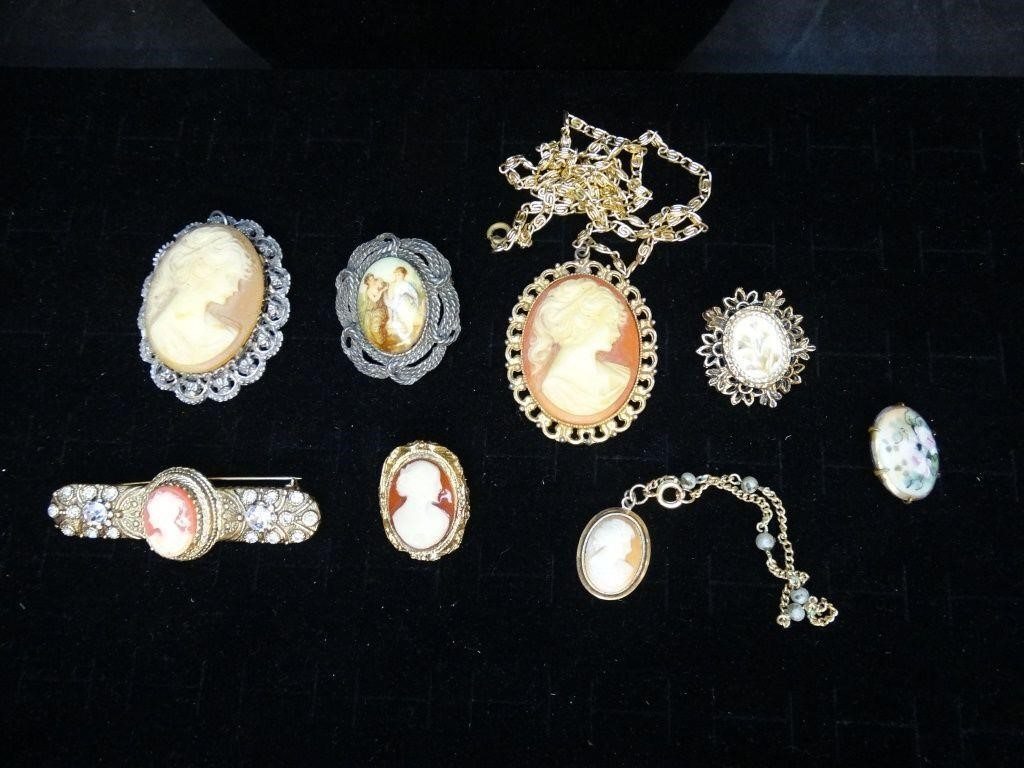 Vtg. Cameo Brooches, Pins, Necklace, Bracelet