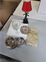 Lot- lamp, hide a shelf, silverplate etc