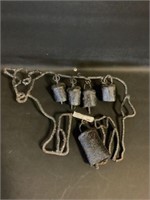 Metal Rustic Cow with bells 11"w