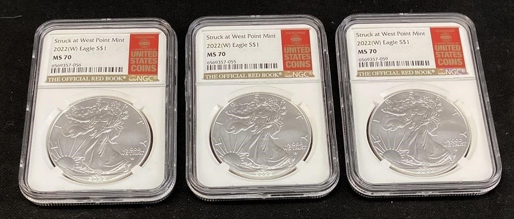 (3) 2022 SILVER AMERICAN EAGLES, WEST POINT MINT