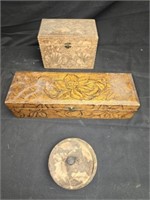 Lot of 3 Handmade Pyrography Wooden Boxes