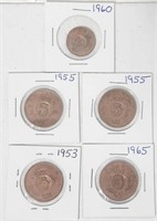 Sweden Bronze Coins ORE Gustaf VI Adolf-5x Various