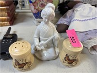 JAPANESE GEISHA FIGURINE & SALT PEPPER SHAKER