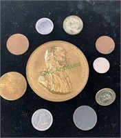 Foreign coins and a French bronze medallion