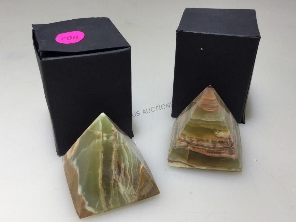 2 paperweights onyx stone cut pyramids in boxes.