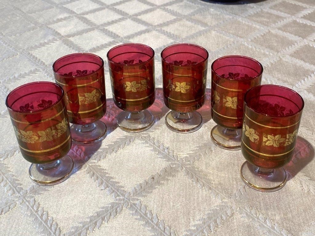 6 Vintage Red/Gold Cordial Glasses