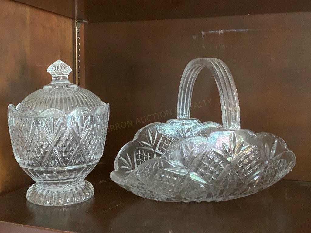 Pressed Glass Basket & Covered Compote