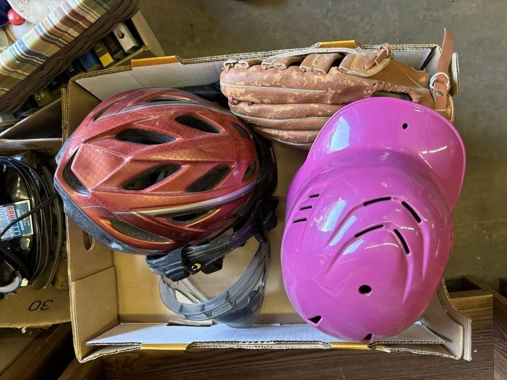 softball, glove and 2 helmets