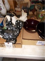 (2) Ceramic Chickens, Cranberry Bowl, Blue