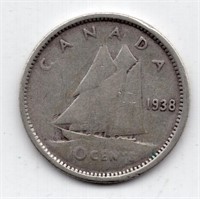 1938 Canada 10 Cent Silver Coin