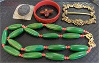 Jewelry lot - red cinnabar bracelet, amber