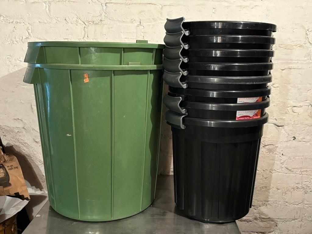 Two Large, Eight Small Garbage Pails, No Lids