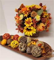 Fall bouquet & decorations on tray