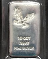 10 Troy Oz .9999 Fine Silver Poured Bar w/Eagle