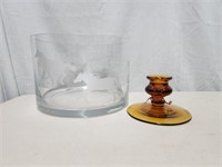 Horses Etched Bowl & Amber Candle Holder