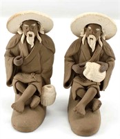 LOT TWO CHINESE MUDMEN FIGURINES OF TAUPE & WHITE