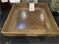 WOVEN BASKET & WOOD PANEL SERVING TRAY - 20 X 20