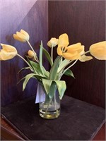 FAUX YELLOW TULIPS IN GLASS VASE - APPROX 19 “