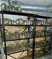 Canning jars, pints, quarts, 2 shelving units