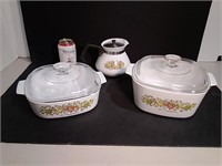 Two Corning Ware Casserole Dishes & Tea Pot