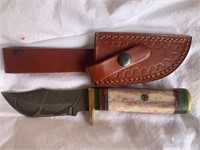 8" Damascus Knife w/ Bone Handle, Leather Sheath
