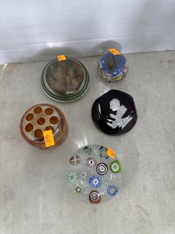 Paperweights and carnival glass flower frog