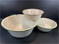 3 Cream & Green Enamel Dish Pan / Basins 16, 12