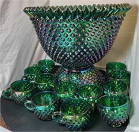 Green Carnival Hobnail Punch Bowl Set 1991 QVC