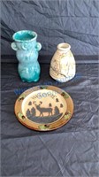 POTTERY VASES AND PLATE