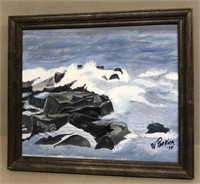W. Perkins painting on board of ocean water