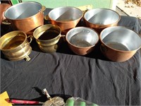 7 brass & copper clad pots