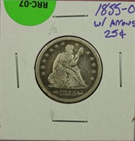 1855-O W/ Arrows Seated Quarter F Cleaned
