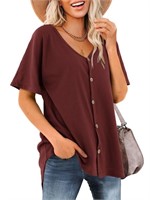 P3594  Amoretu Button V Neck Tunic, Burgundy M