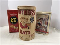 Antique Mother’s Oats container and vintage tins