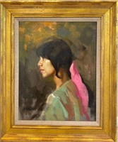 R - WM WHITAKER "GIRL WITH PINK SCARF" OIL (P23)