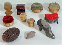 ANTIQUE THIMBLE HOLDERS & 1ST NATIONS PIN CUSHIONS