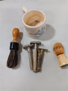 Vintage Razors,  shaving cup with brushes