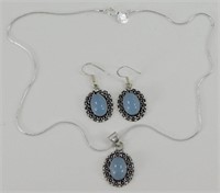 Blue Chalcedony Pendant & Chain w/ Hook Earrings