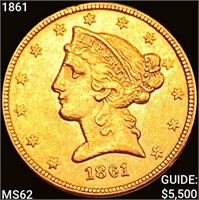 1861 $5 Gold Half Eagle UNCIRCULATED