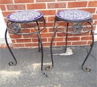 Pair of round mosaic design patio tables. 21.5"