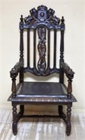 Neo Renaissance Lion Carved Oak Armchair.