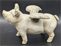(DD) Cast iron flying pig bank 5in h