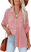 Astylish Womens Casual Roll up Sleeve Blouse - XL