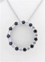14K WG Diamond, Sapphire Circle Pendant, Chain